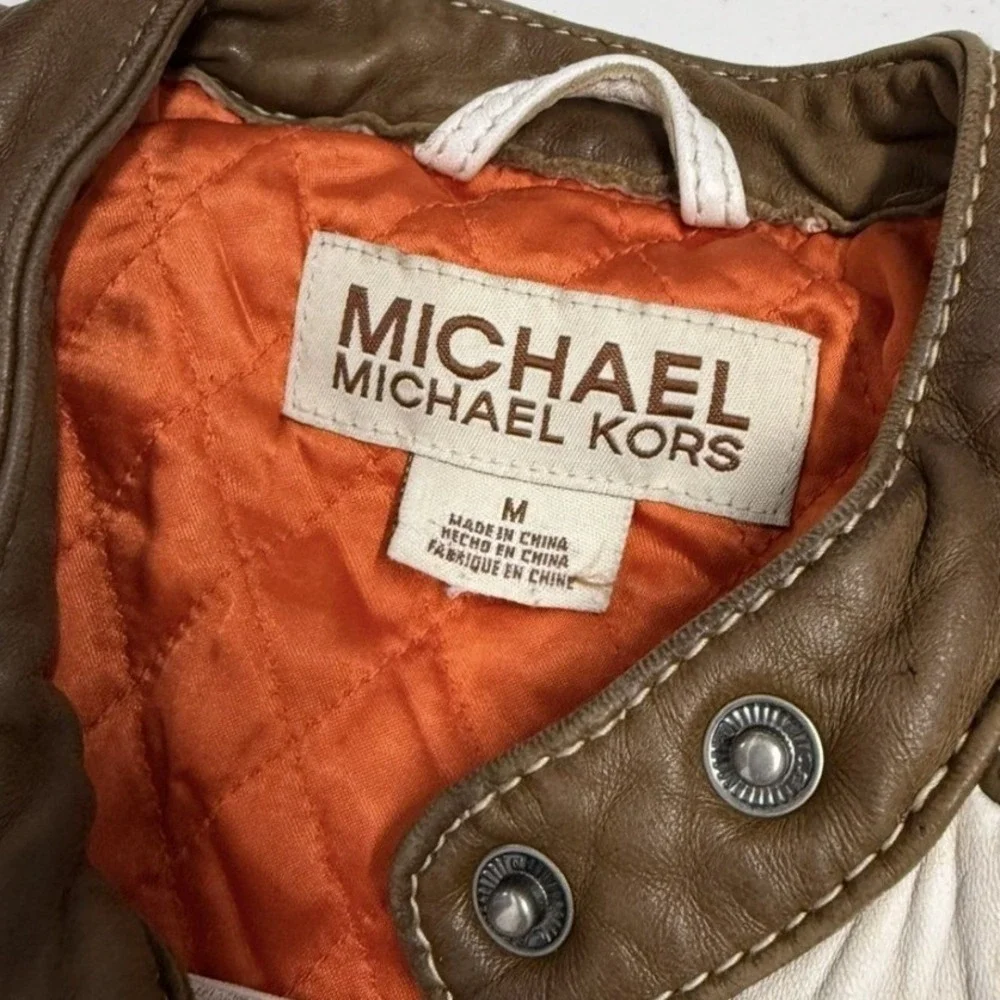 MICHAEL KORS Women Moto Jacket White Brown Leather Biker‎ Style Size M